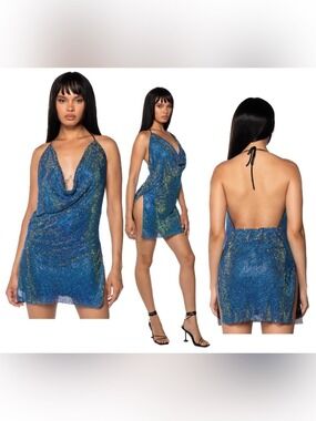 Blue Halter Back Cowl Neck Mini Dress